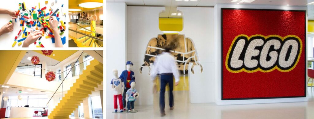 Full brand exposure: "Toy building bricks used as a design element for the interior, from original to life-size and giant scales."