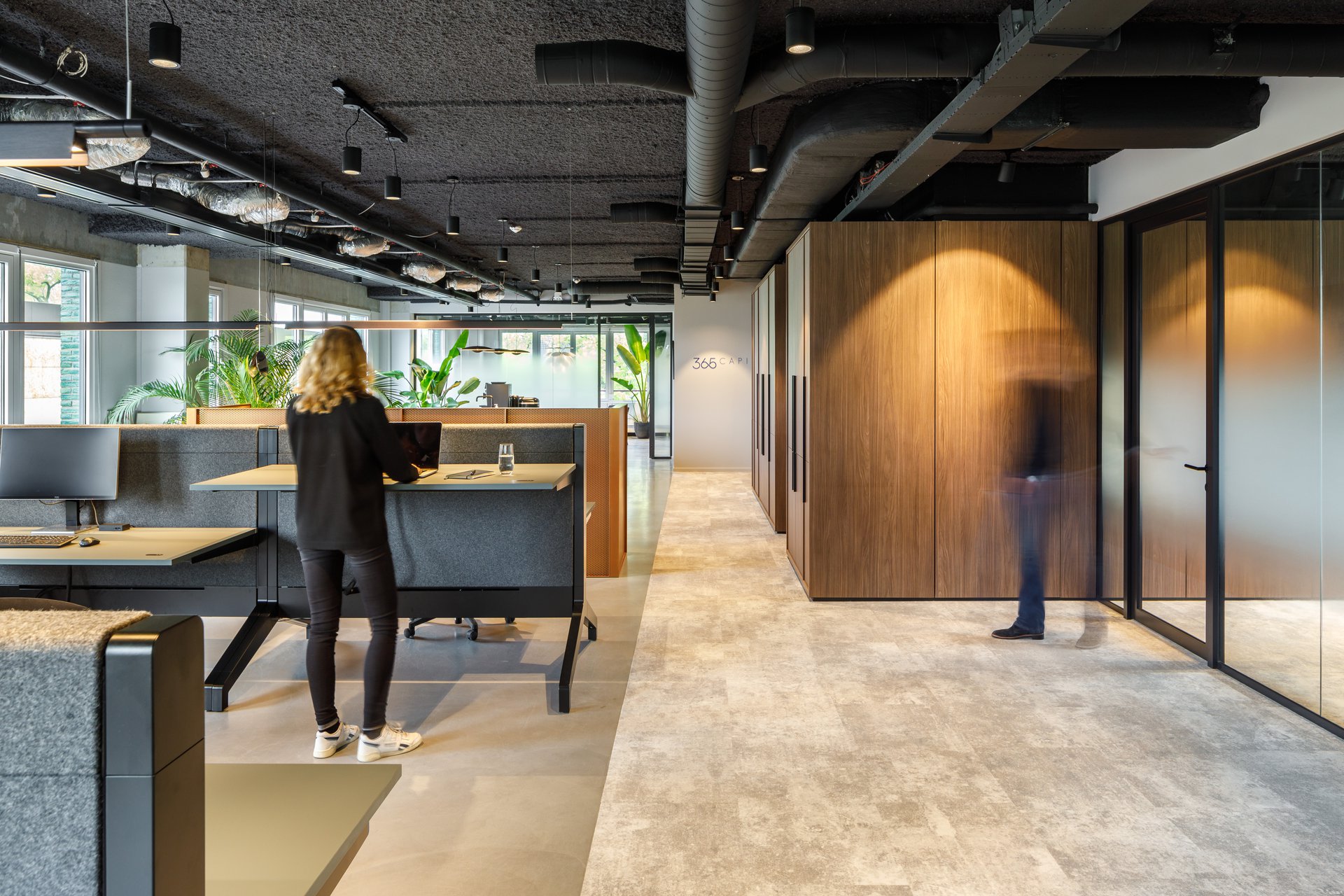 Interior design showcasing a collaborative workspace with ample daylight and bold column structure