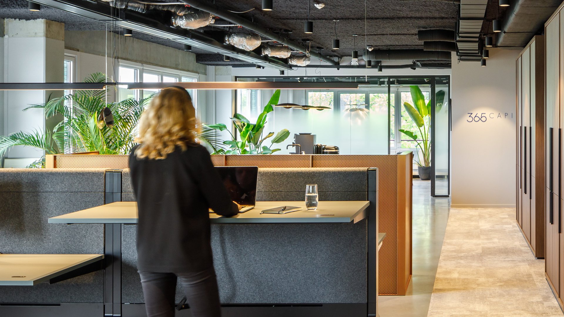 Interior design showcasing a collaborative workspace with ample daylight and bold column structure