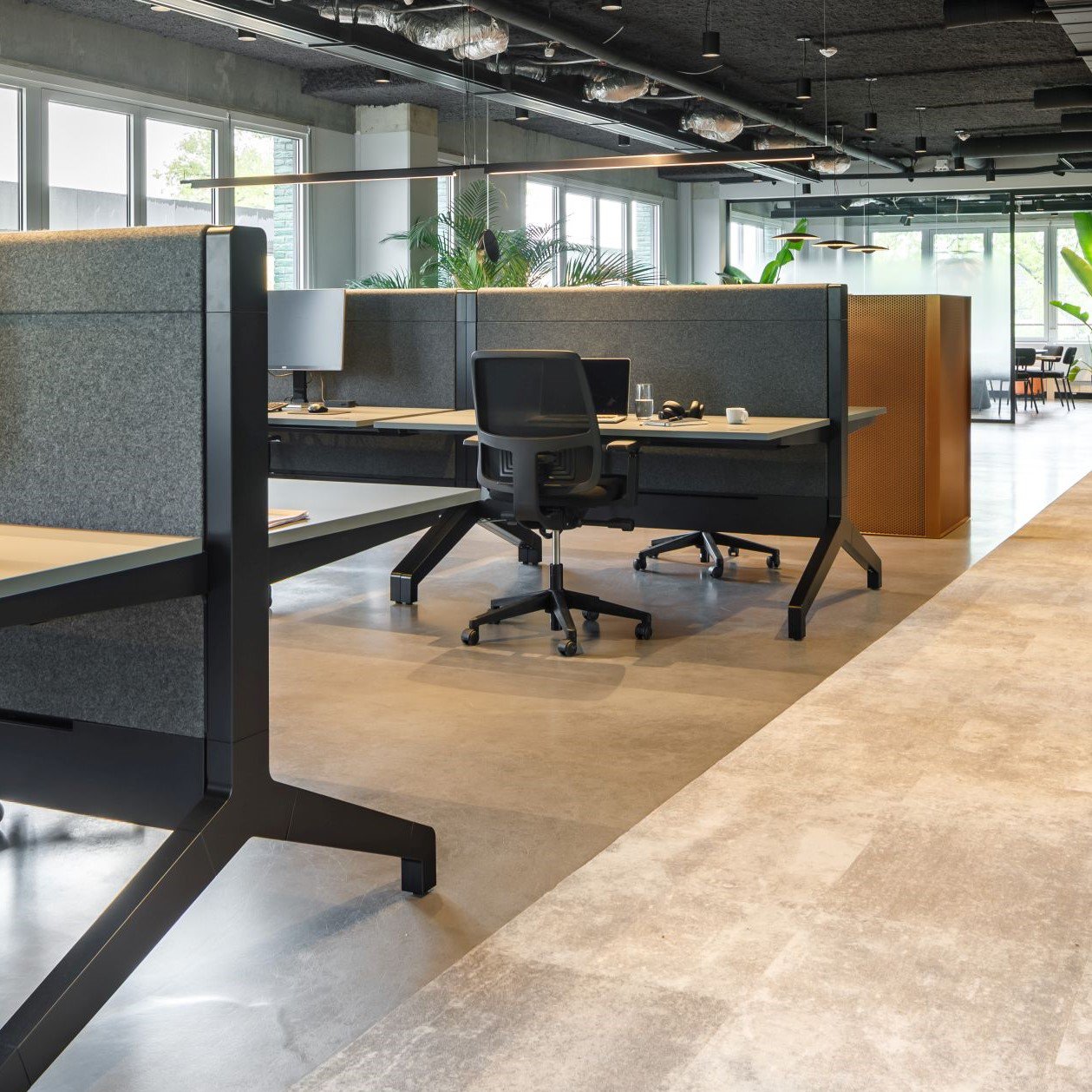 Interior design showcasing a collaborative workspace with ample daylight and bold column structure