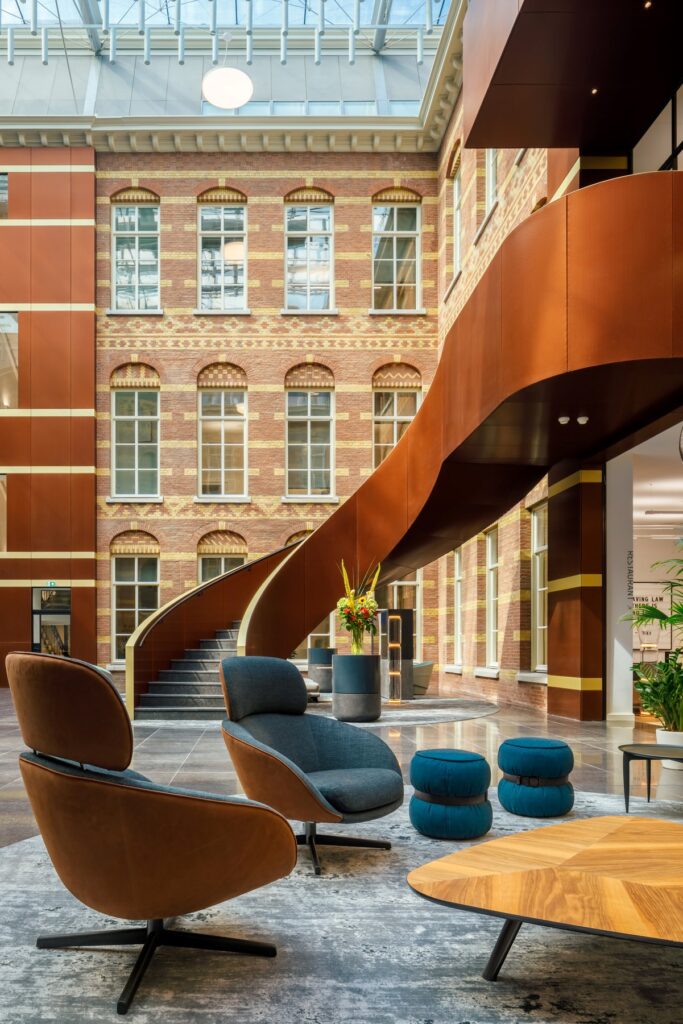 Interior view of Clifford Chance Droogbak with wooden rafters