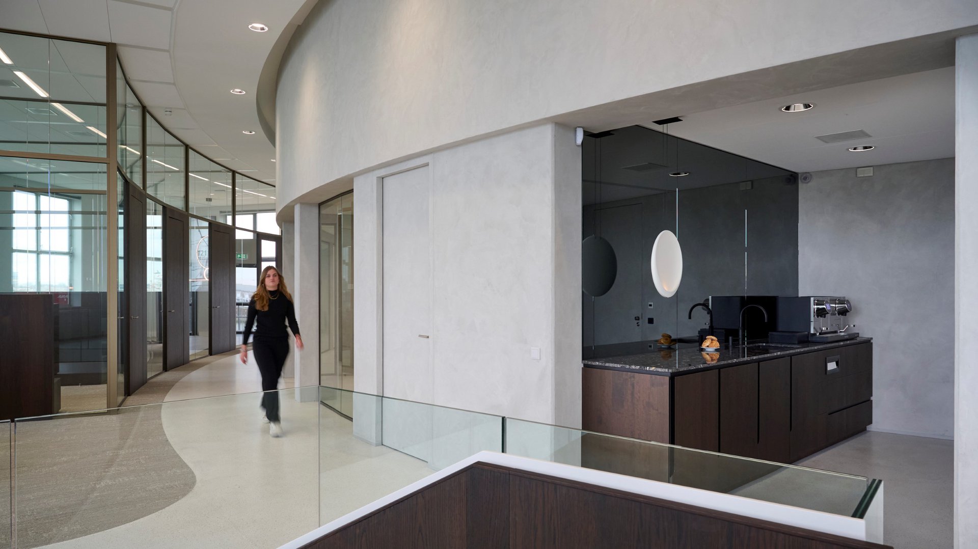 Interior with waterfront orientation and high ceilings.