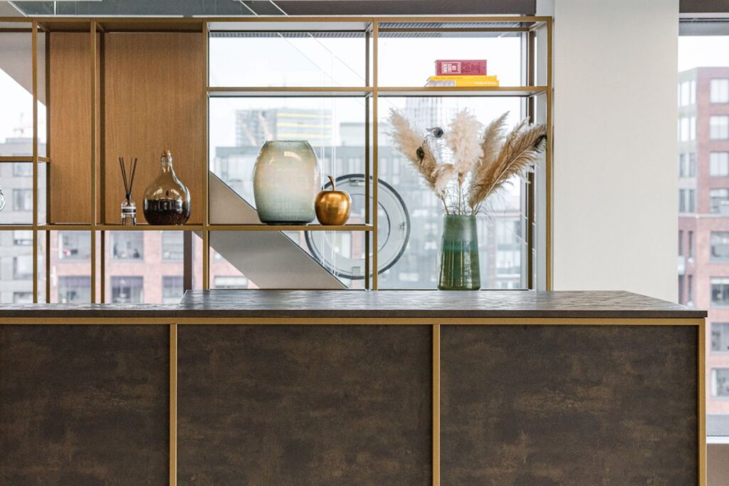Interior with gold-colored faces and brass frames