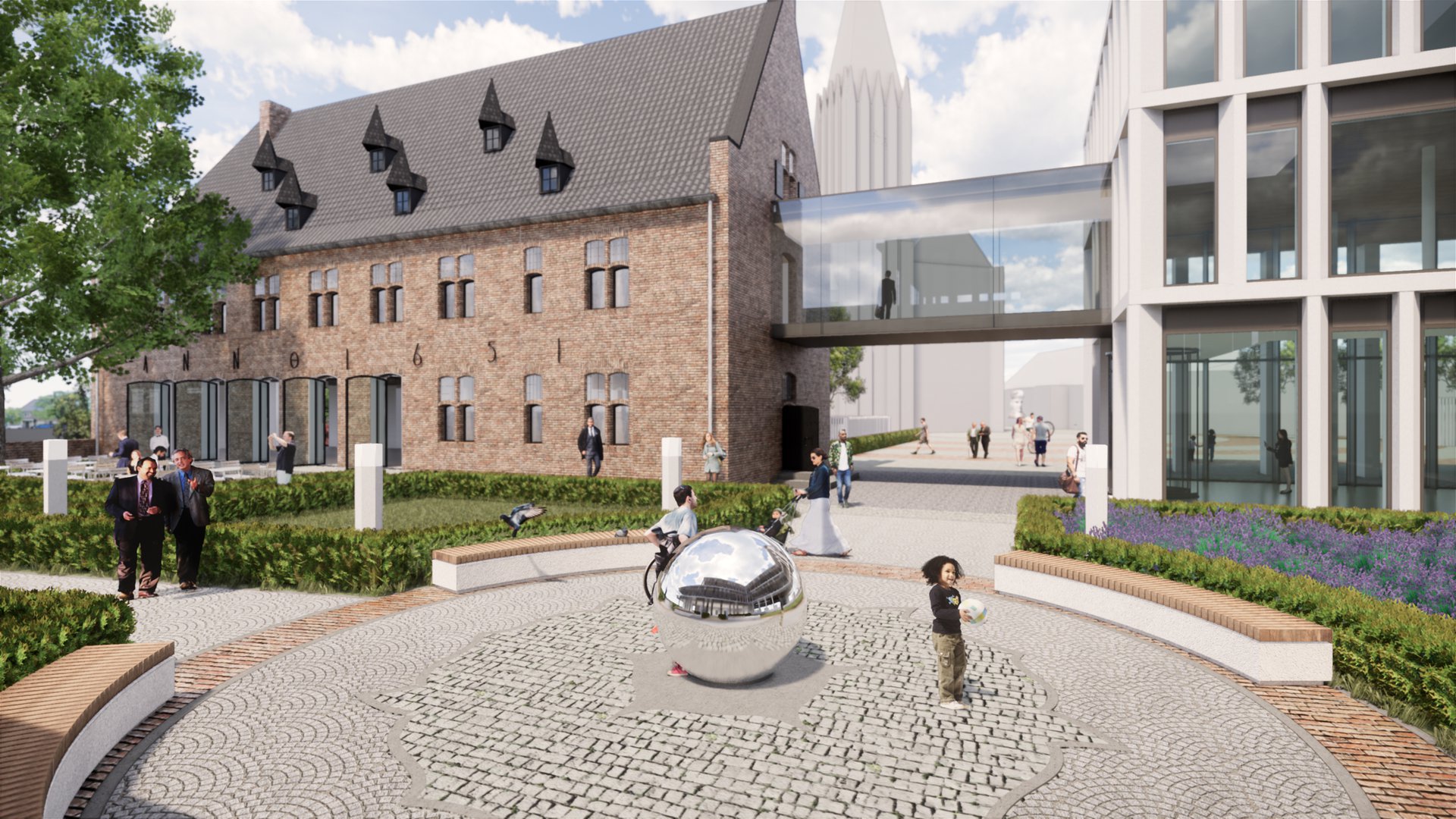 Aerial view of the building and surrounding area