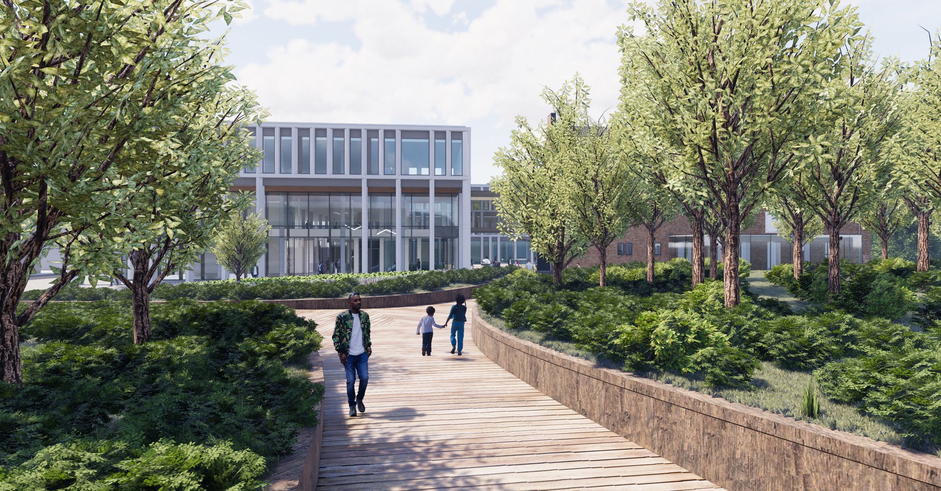 Exterior view of the building at sunset