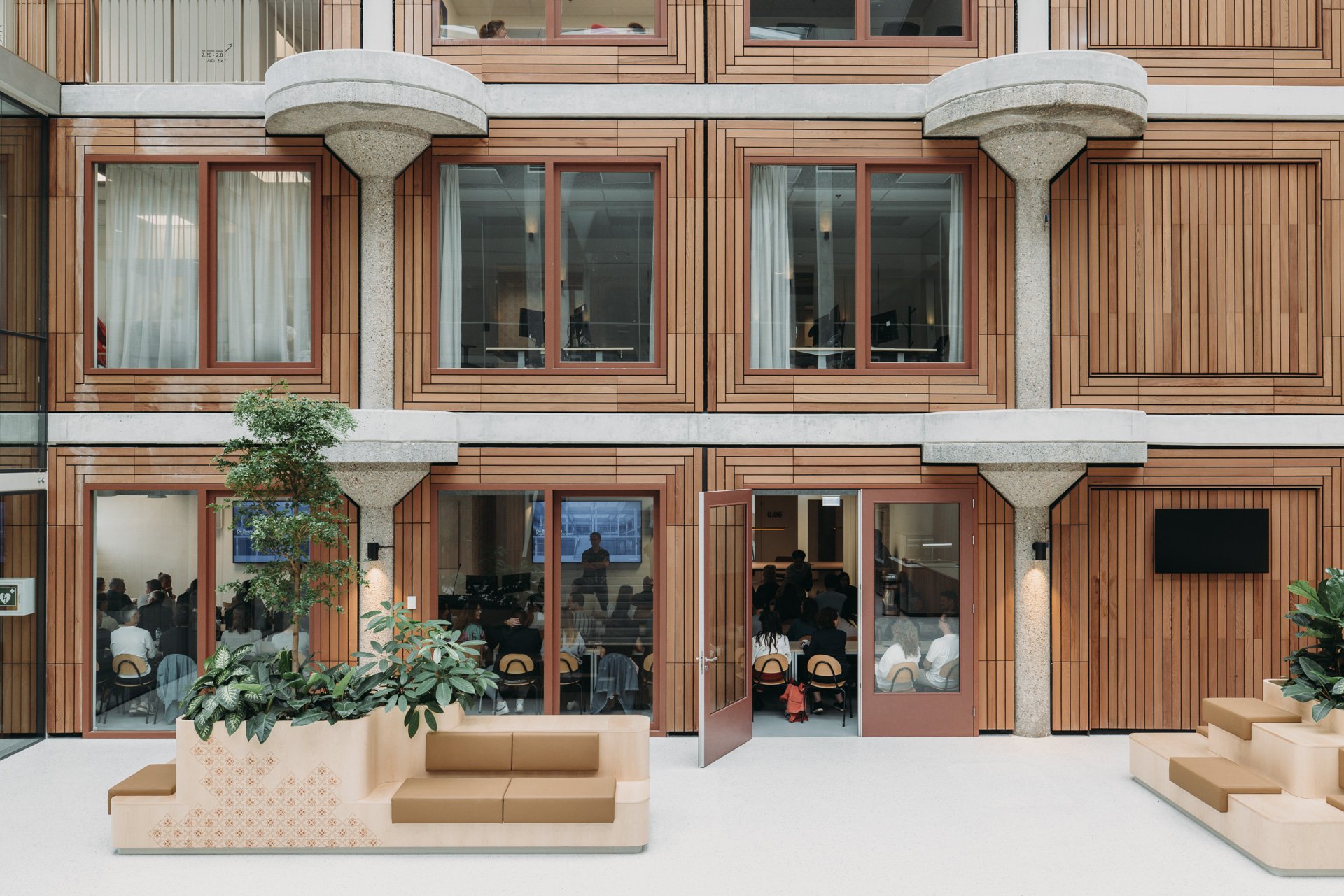 Interior view of the Herta Mohr Building with students gathering