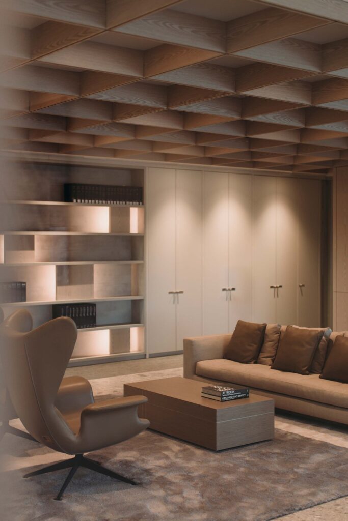 Central pavilion with open design and warm lighting