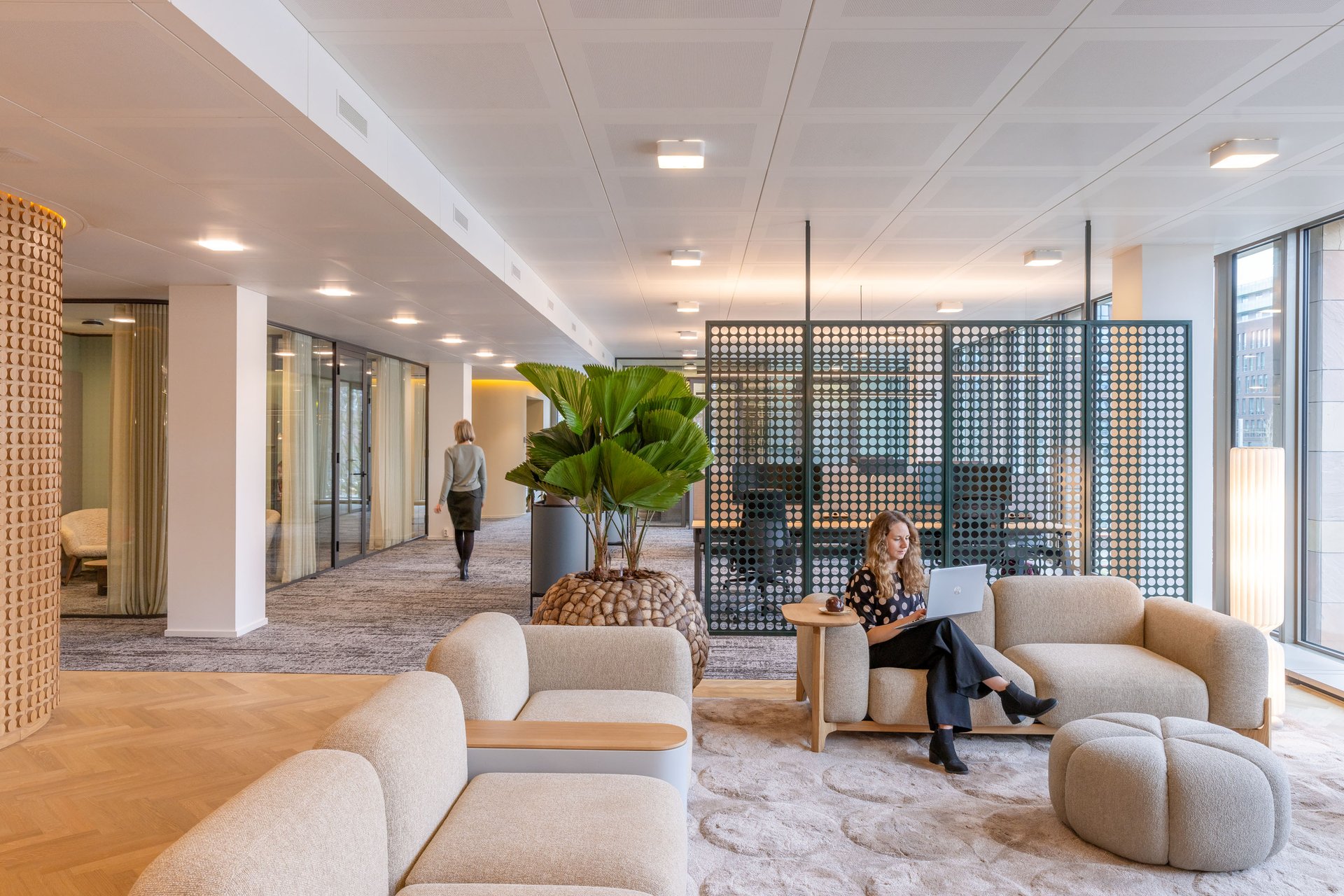 Office design with natural light and greenery