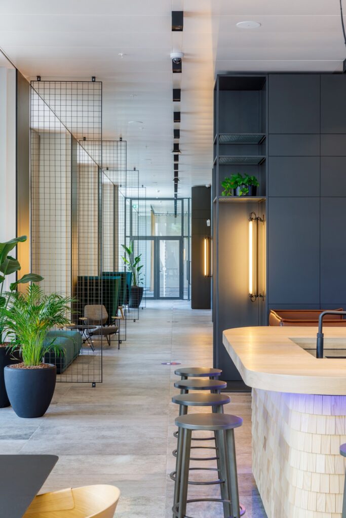 Interior view of Rabobank headquarters with green and welcoming design