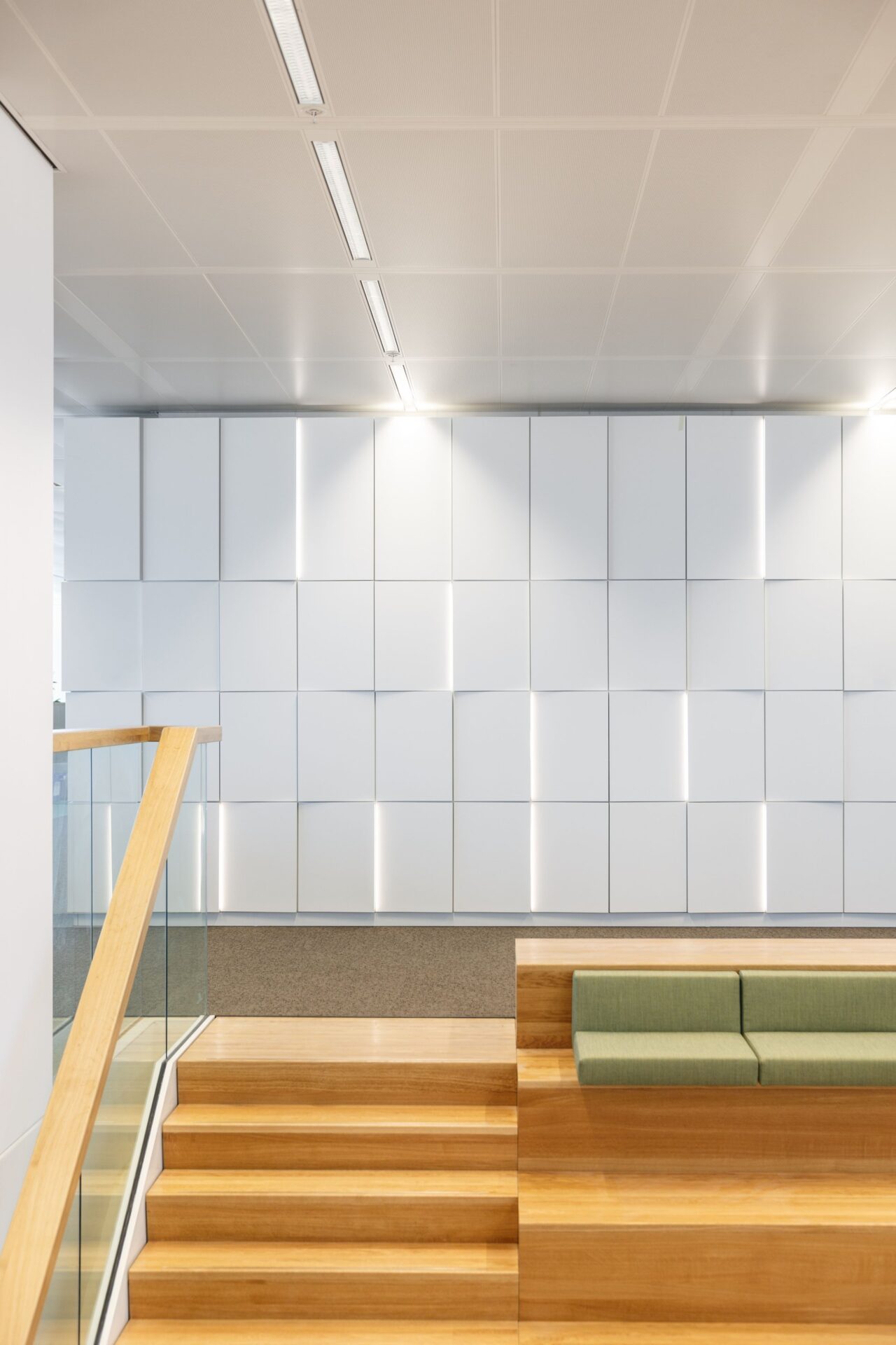 Interior of Robeco office with open staircases and natural materials