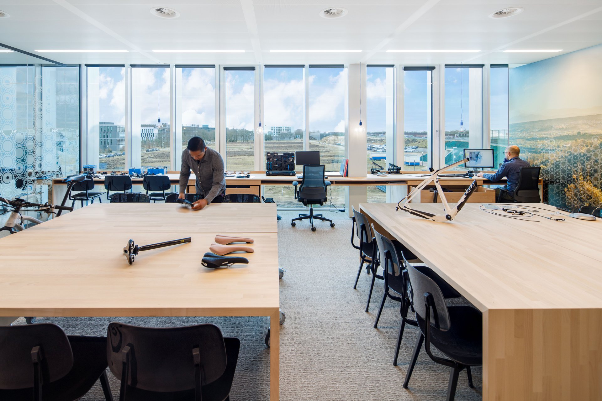The European head office features a bold showroom and a crisp work environment