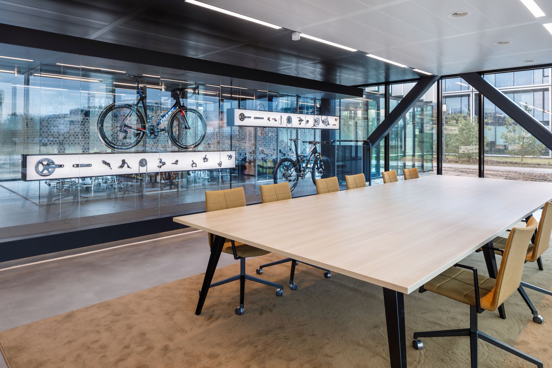 The European head office features a bold showroom and a crisp work environment