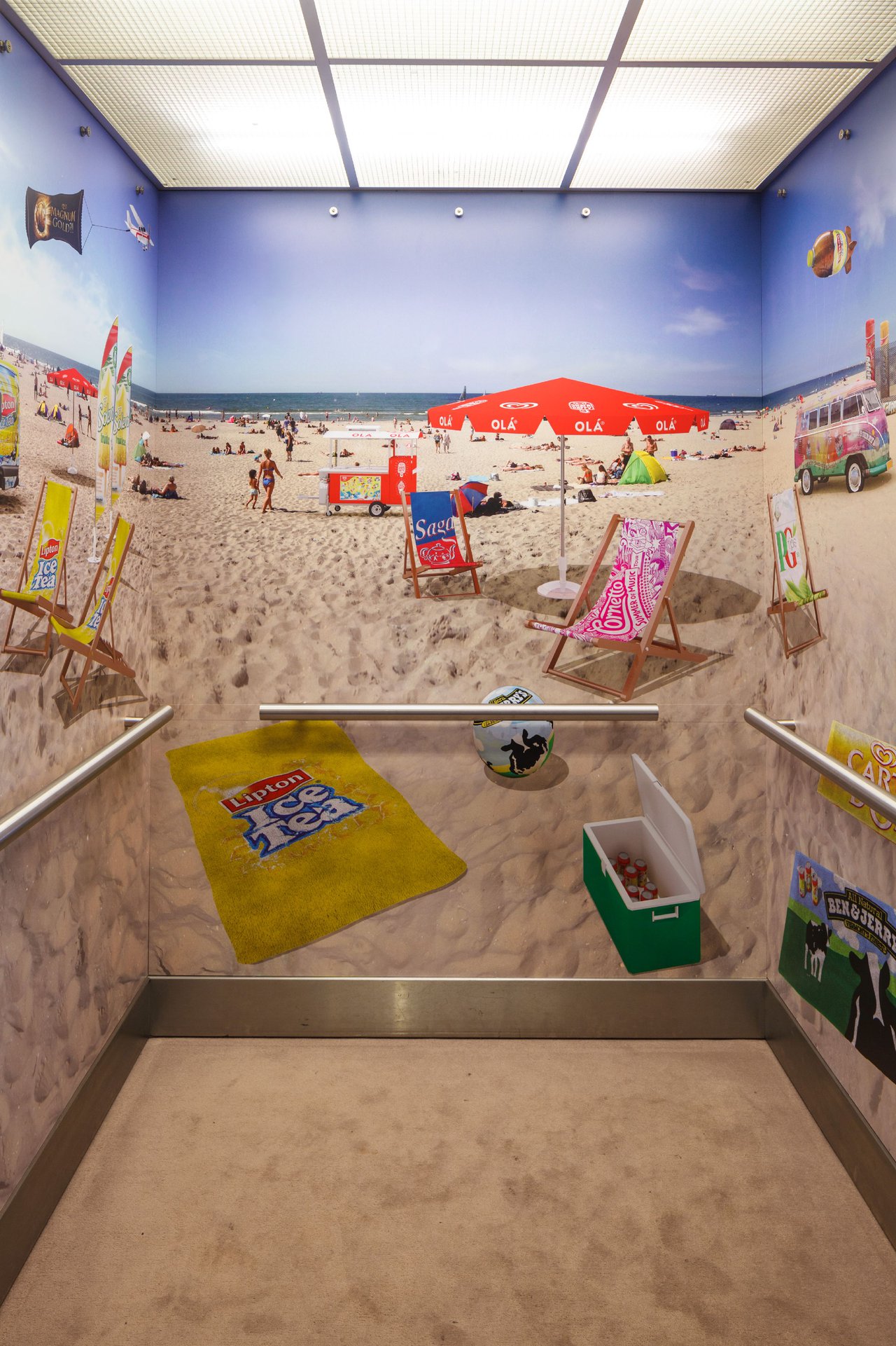 Elevator interiors showcasing Unilever products