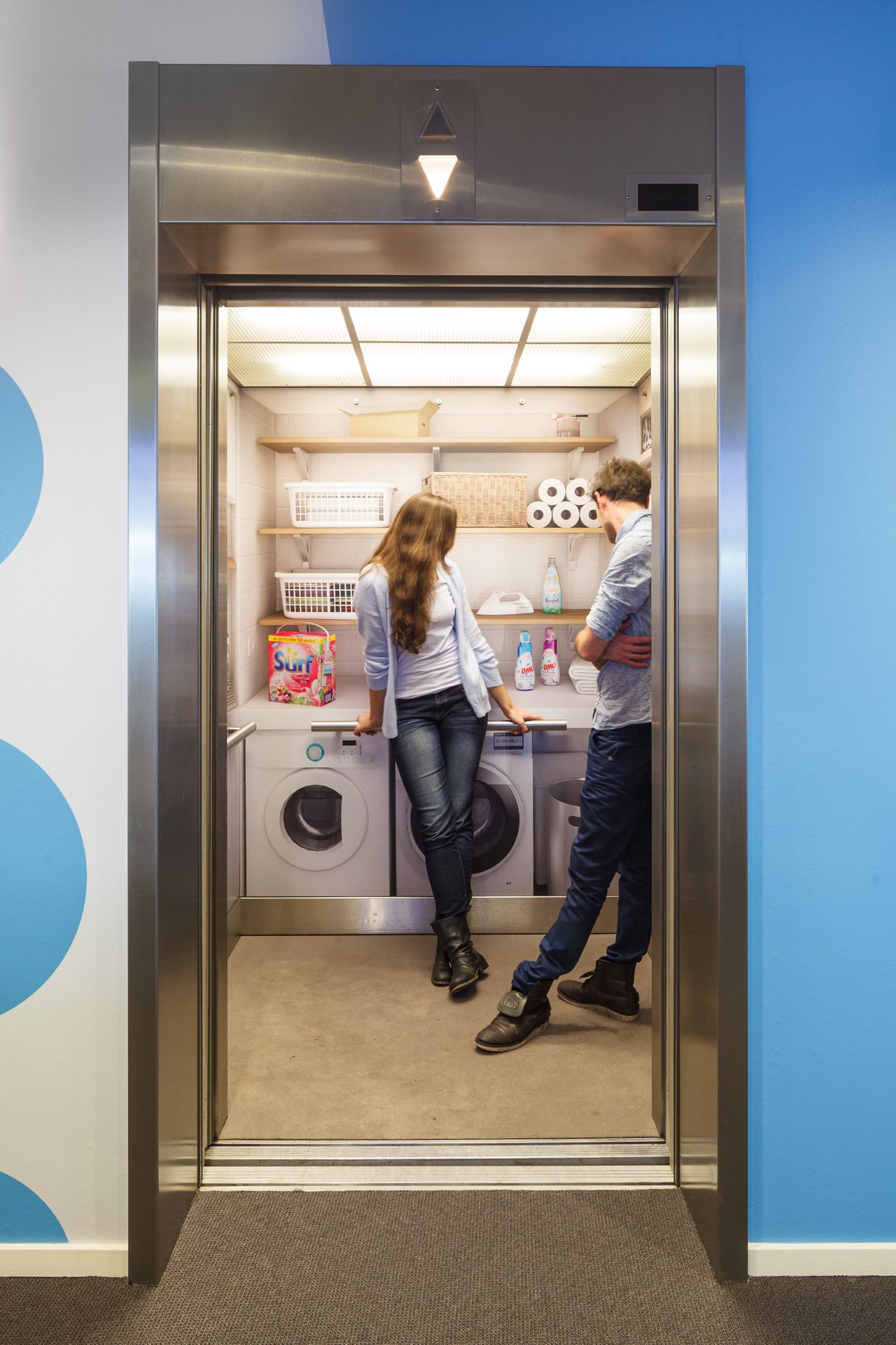 Elevator interiors showcasing Unilever products
