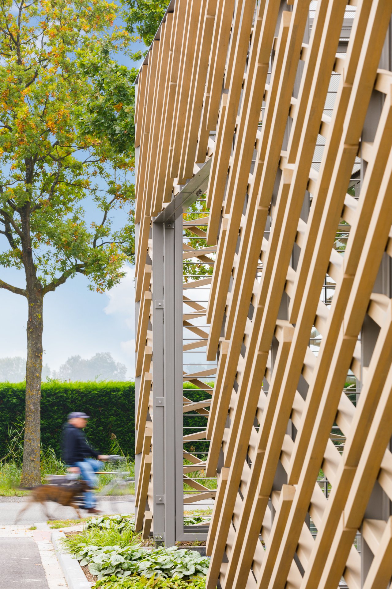 A timber façade wraps itself around the new build extension of the workshop