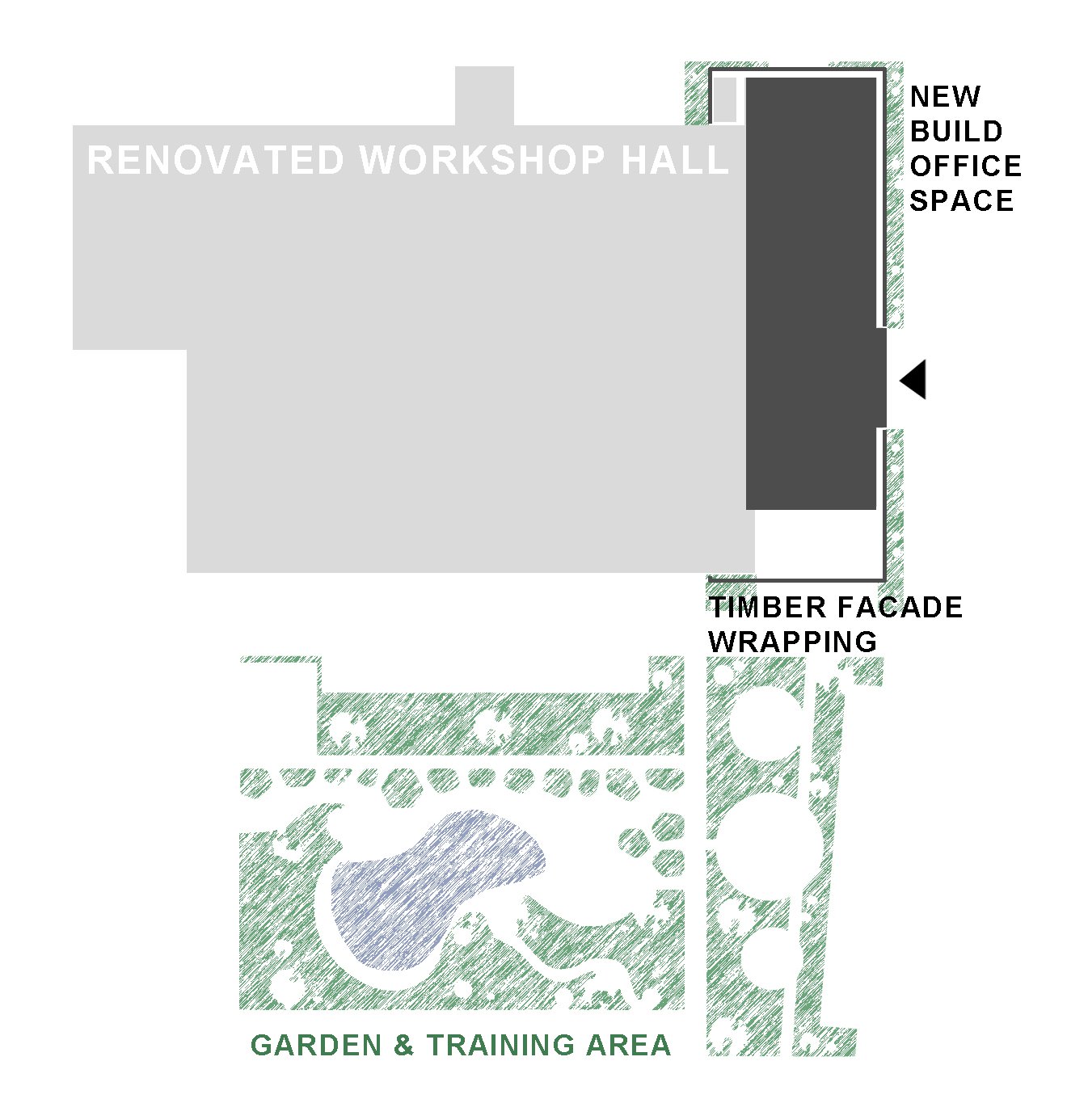 A timber façade wraps itself around the new build extension of the workshop