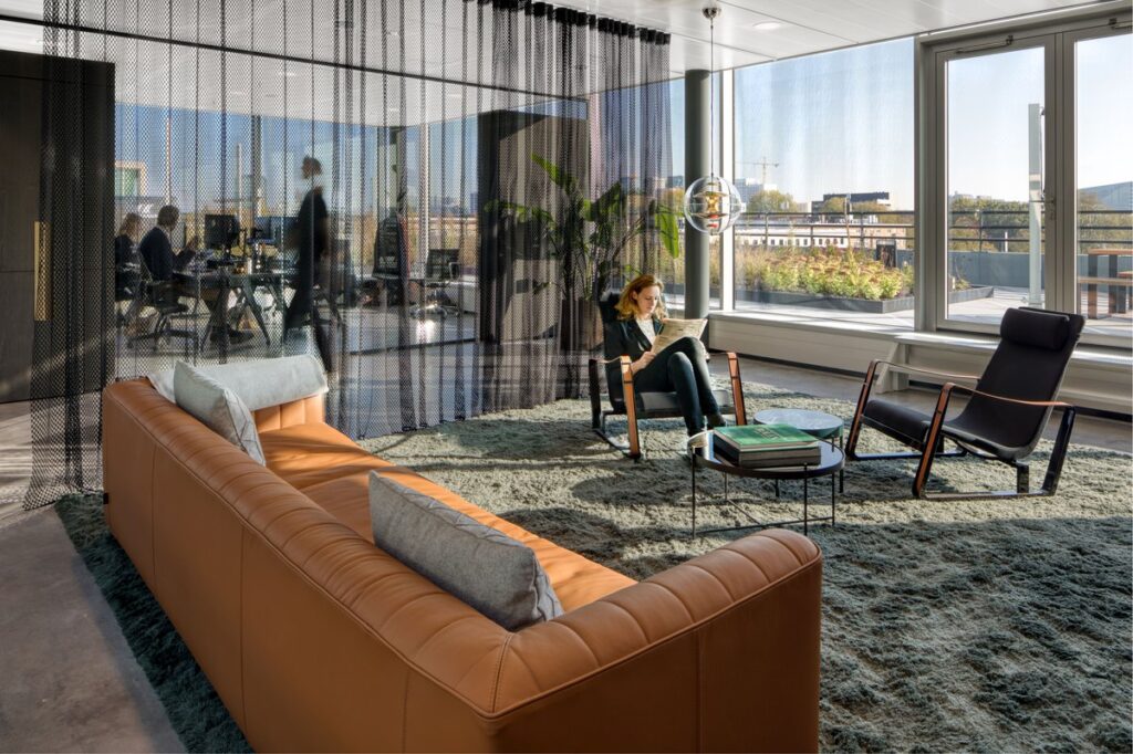 Interior with wooden slabs and glass partitions