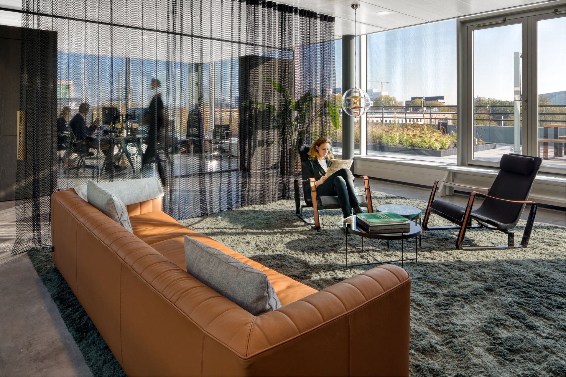 Interior with wooden slabs and glass partitions