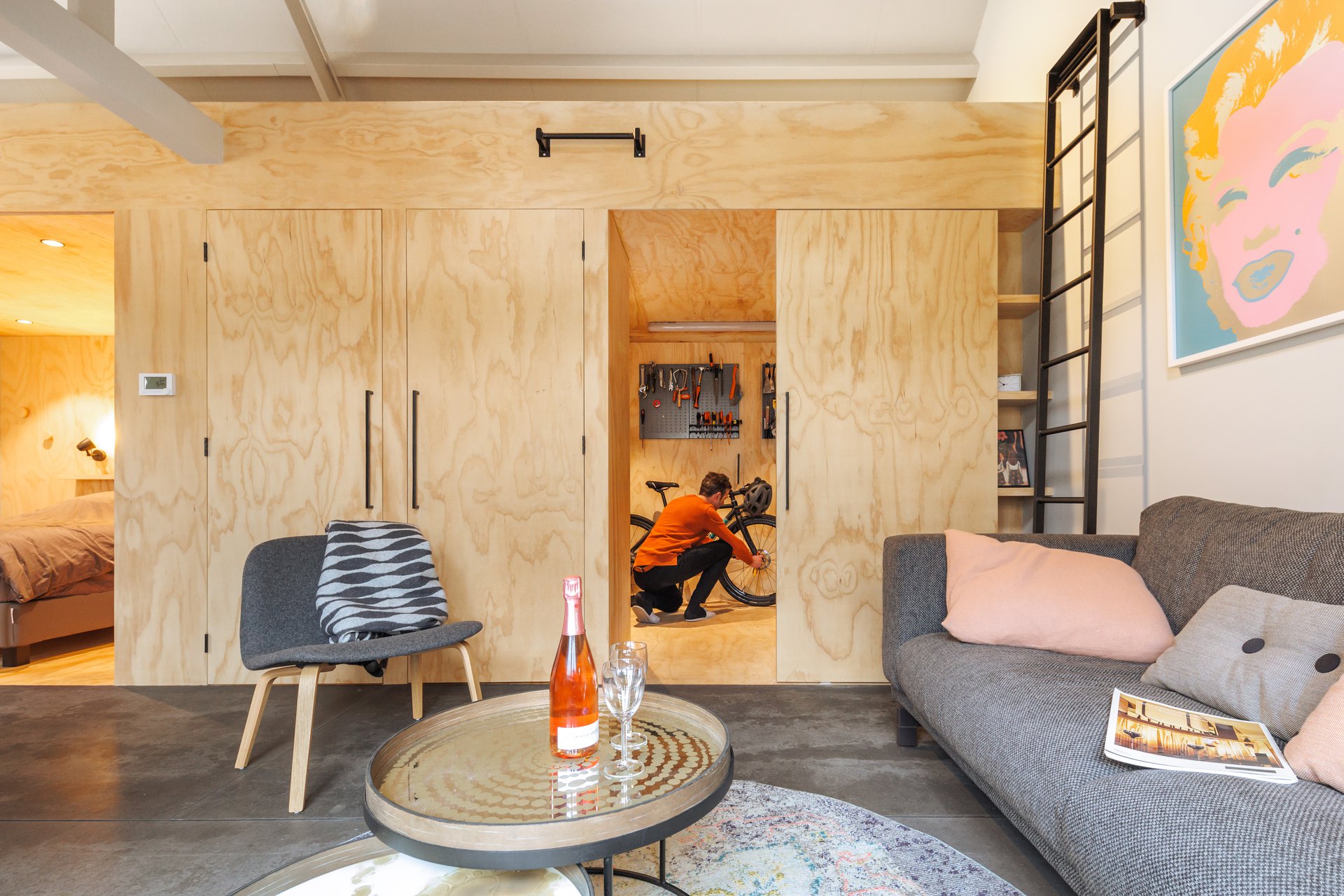 A not so tiny 'Tiny House' with pitched roof and exposed structure